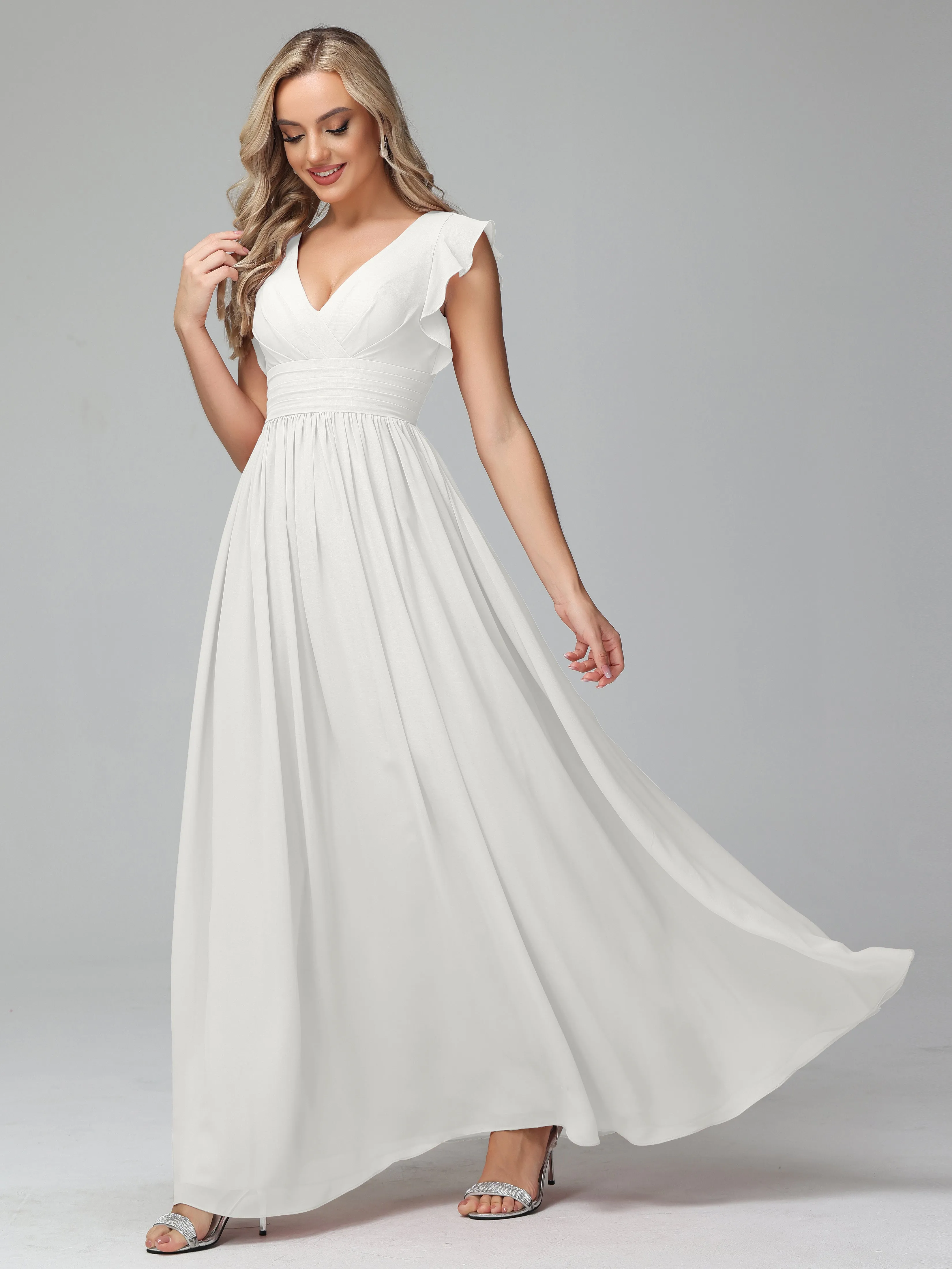 Bonnie V-Neck Chiffon Bridesmaid Dresses With Ruffle Sleeves
