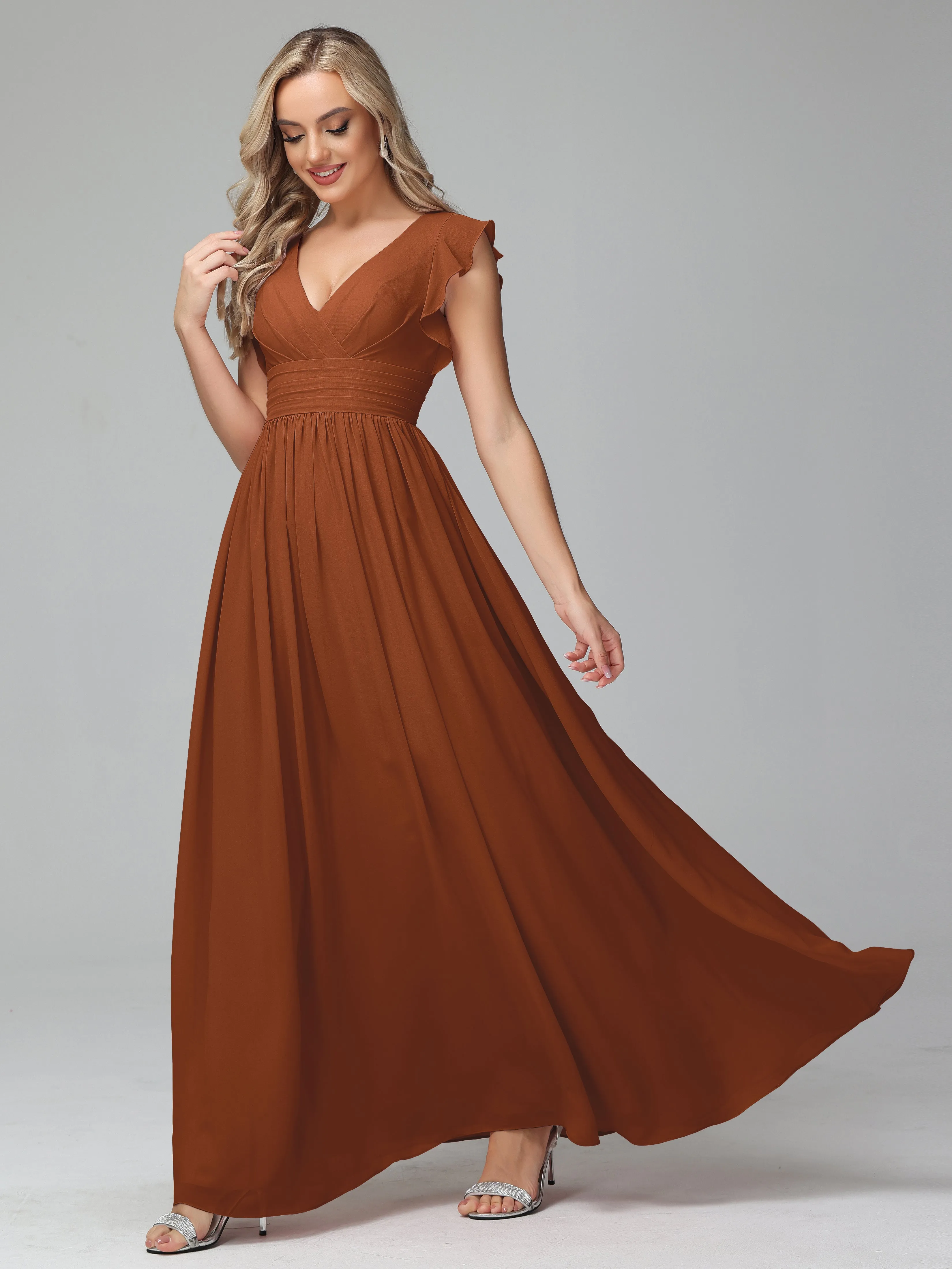 Bonnie V-Neck Chiffon Bridesmaid Dresses With Ruffle Sleeves