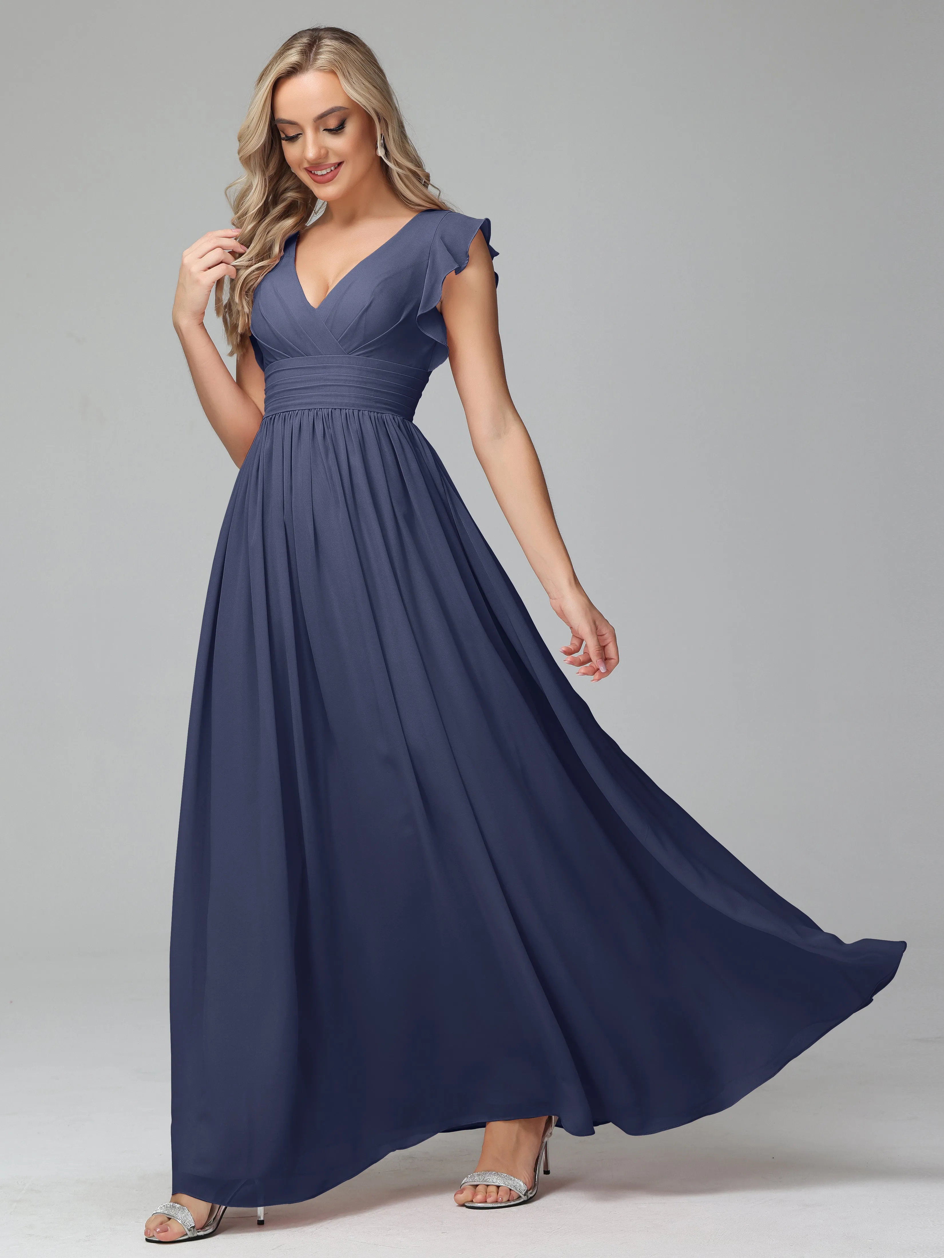 Bonnie V-Neck Chiffon Bridesmaid Dresses With Ruffle Sleeves
