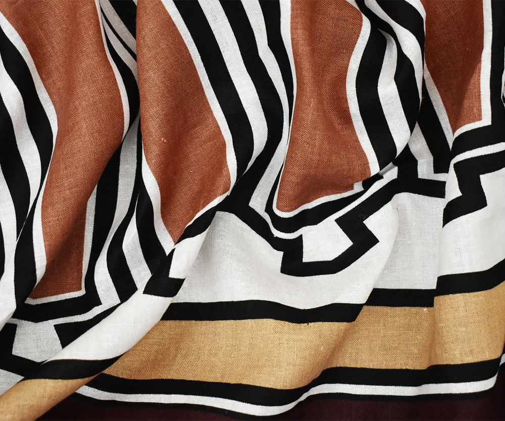 Brown-Beige-Multi Abstract Aztec Pattern Printed Linen Woven Fabric