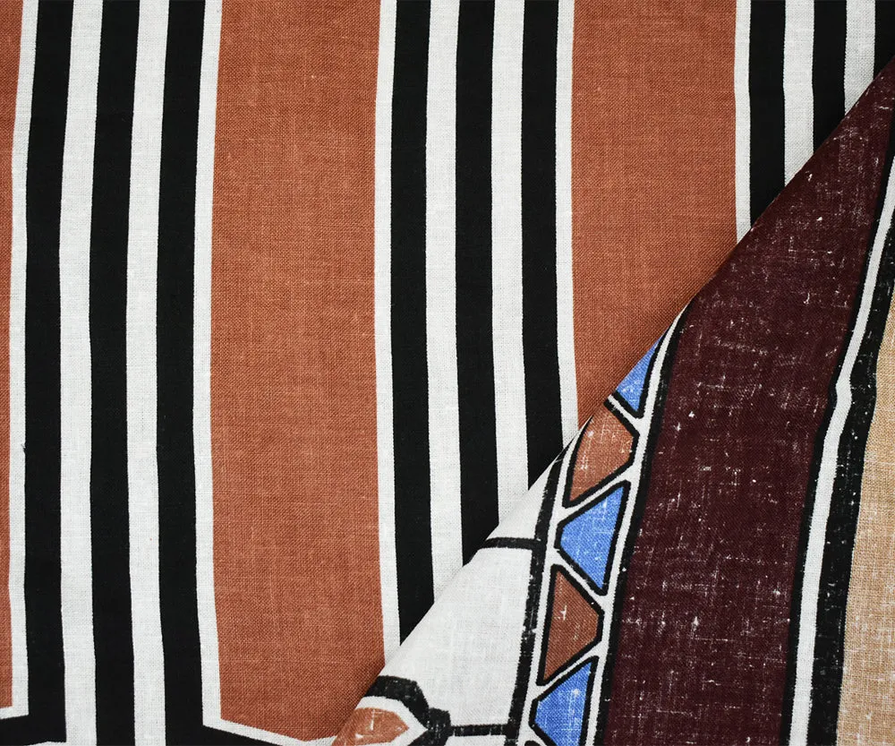 Brown-Beige-Multi Abstract Aztec Pattern Printed Linen Woven Fabric