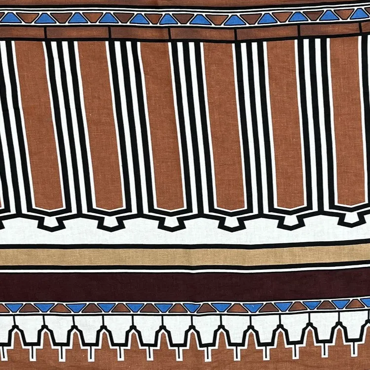 Brown-Beige-Multi Abstract Aztec Pattern Printed Linen Woven Fabric