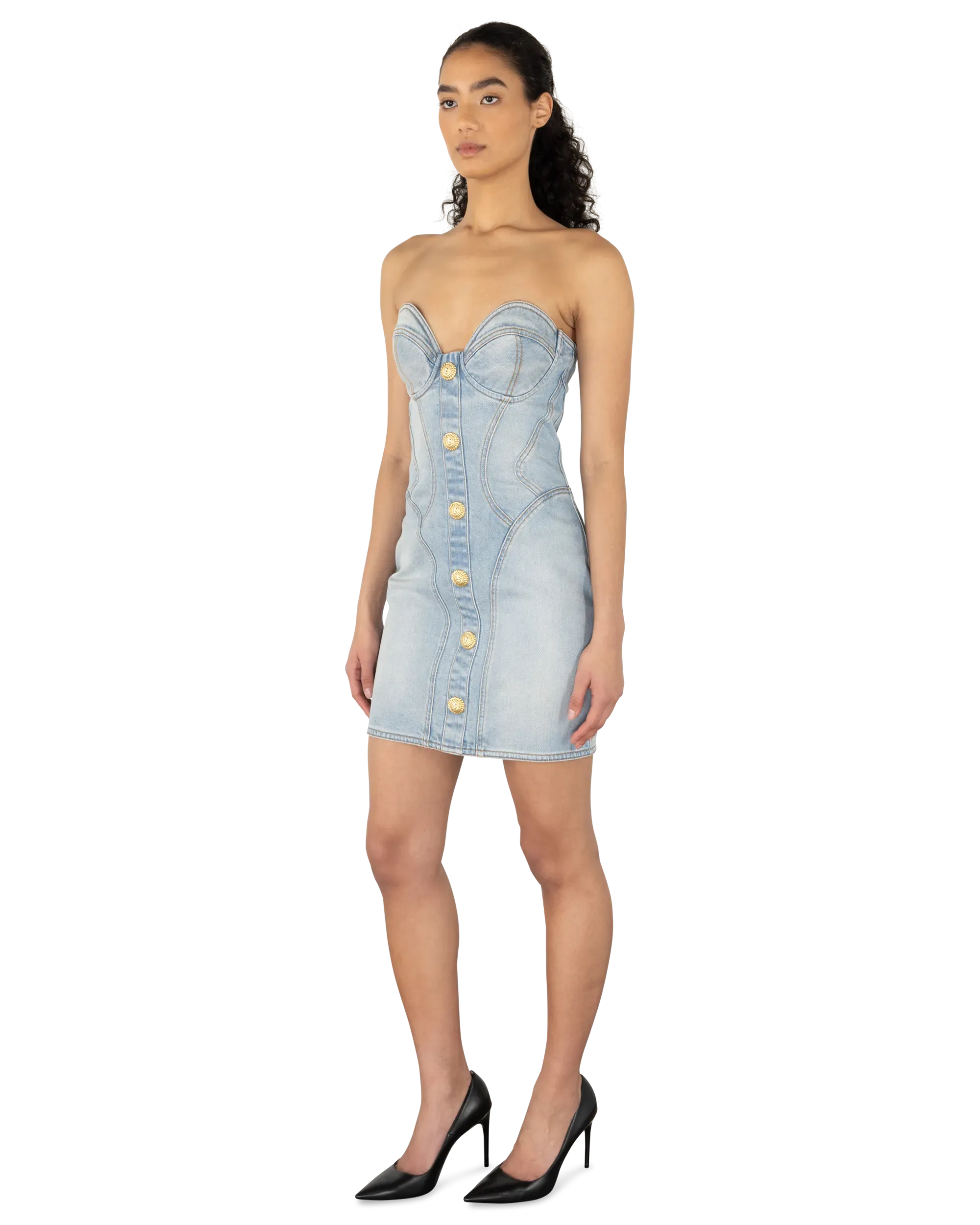 Button-Detailed Denim Bustier Mini Dress