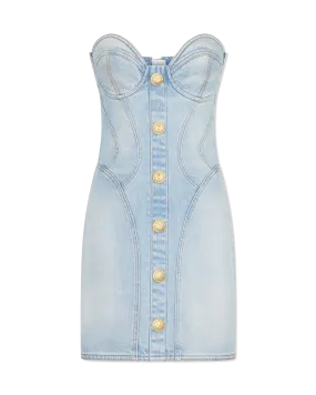 Button-Detailed Denim Bustier Mini Dress