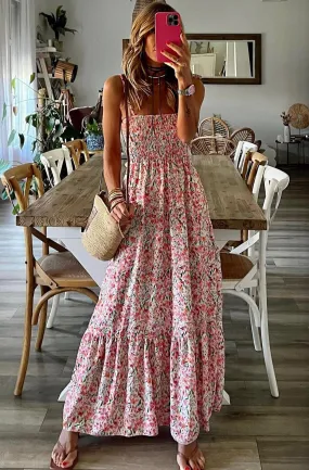 Caribbean Pink Floral Smocked Ruffled Hawaiian Maxi Dress