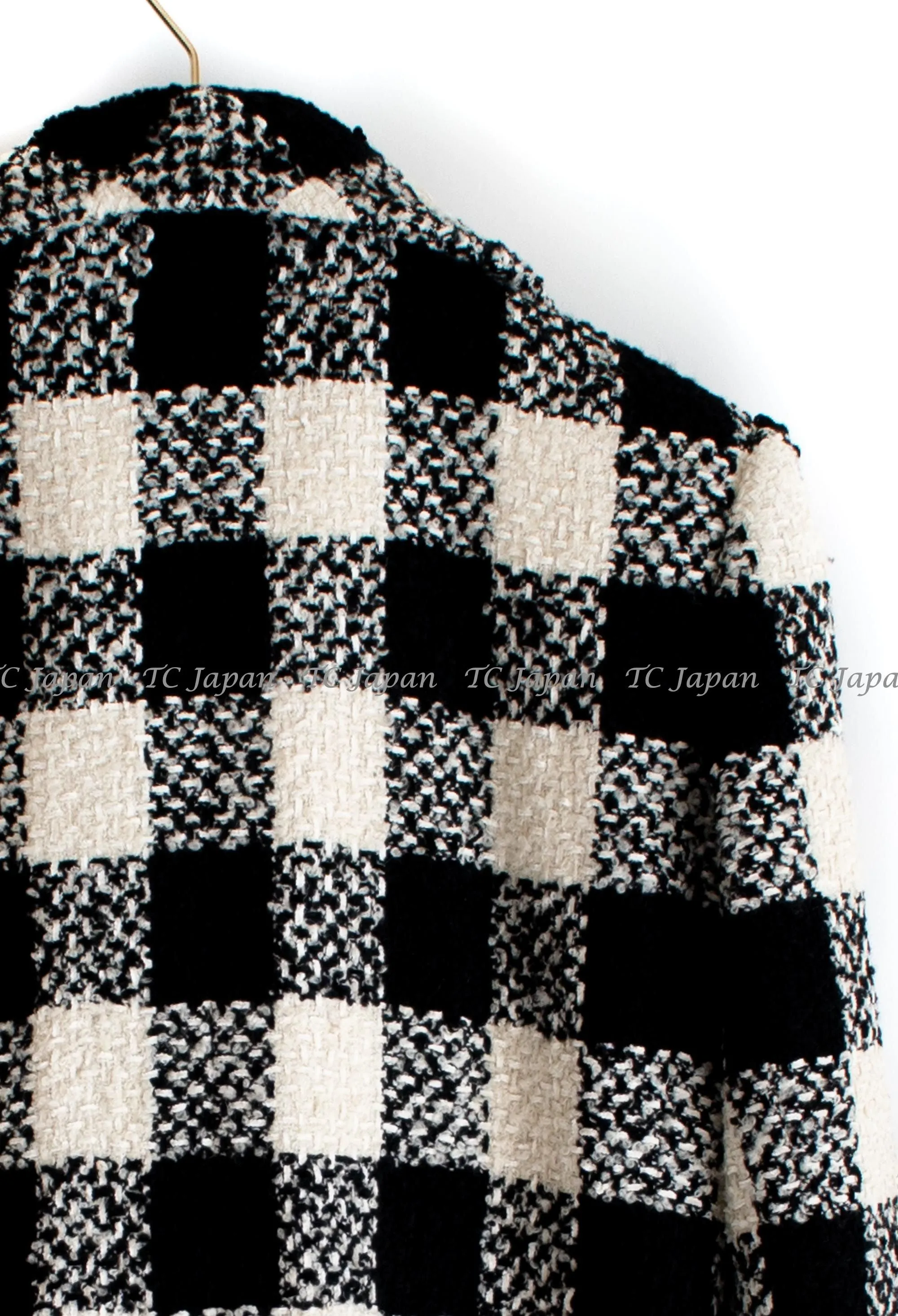 CHANEL 16PF Ivory Black Wool Silk Double Tweed Coat 34 36 38 40 シャネル アイボリー ブラック ウール シルク チェック ツイード コート メンズも！即発
