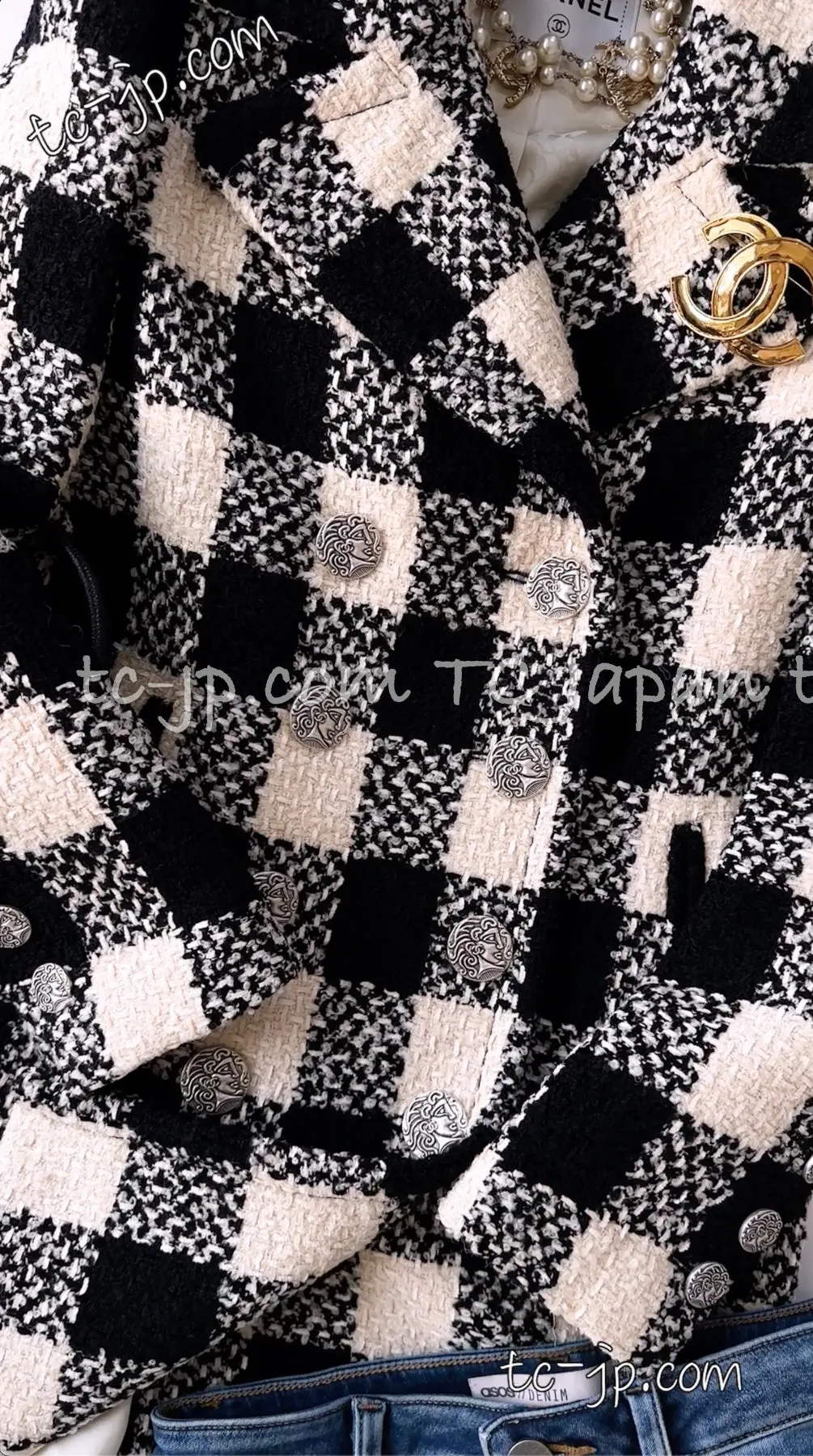 CHANEL 16PF Ivory Black Wool Silk Double Tweed Coat 34 36 38 40 シャネル アイボリー ブラック ウール シルク チェック ツイード コート メンズも！即発