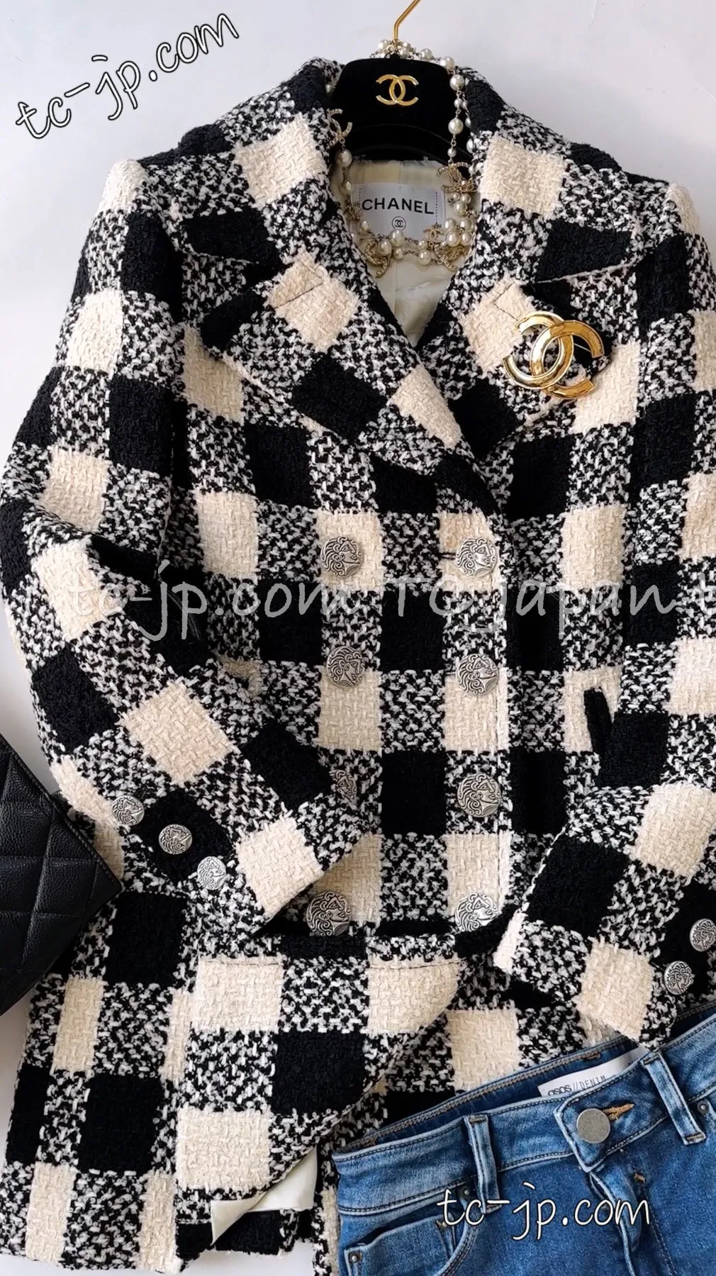 CHANEL 16PF Ivory Black Wool Silk Double Tweed Coat 34 36 38 40 シャネル アイボリー ブラック ウール シルク チェック ツイード コート メンズも！即発