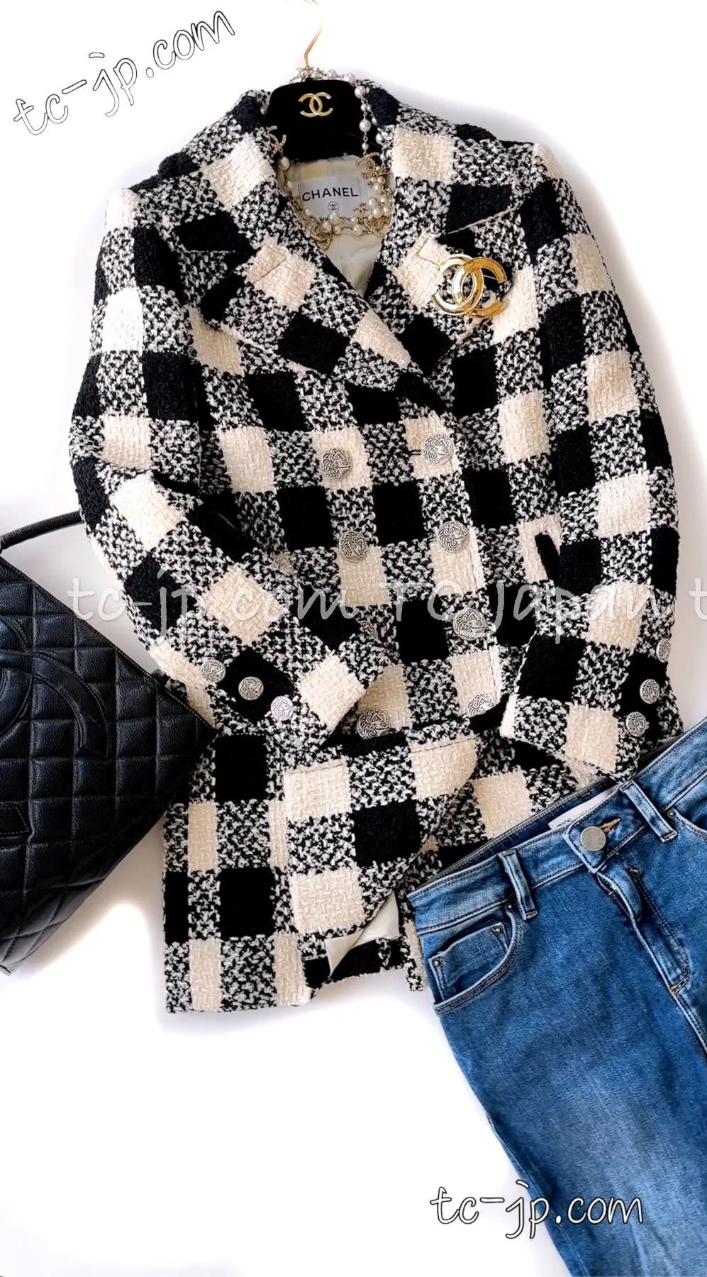 CHANEL 16PF Ivory Black Wool Silk Double Tweed Coat 34 36 38 40 シャネル アイボリー ブラック ウール シルク チェック ツイード コート メンズも！即発