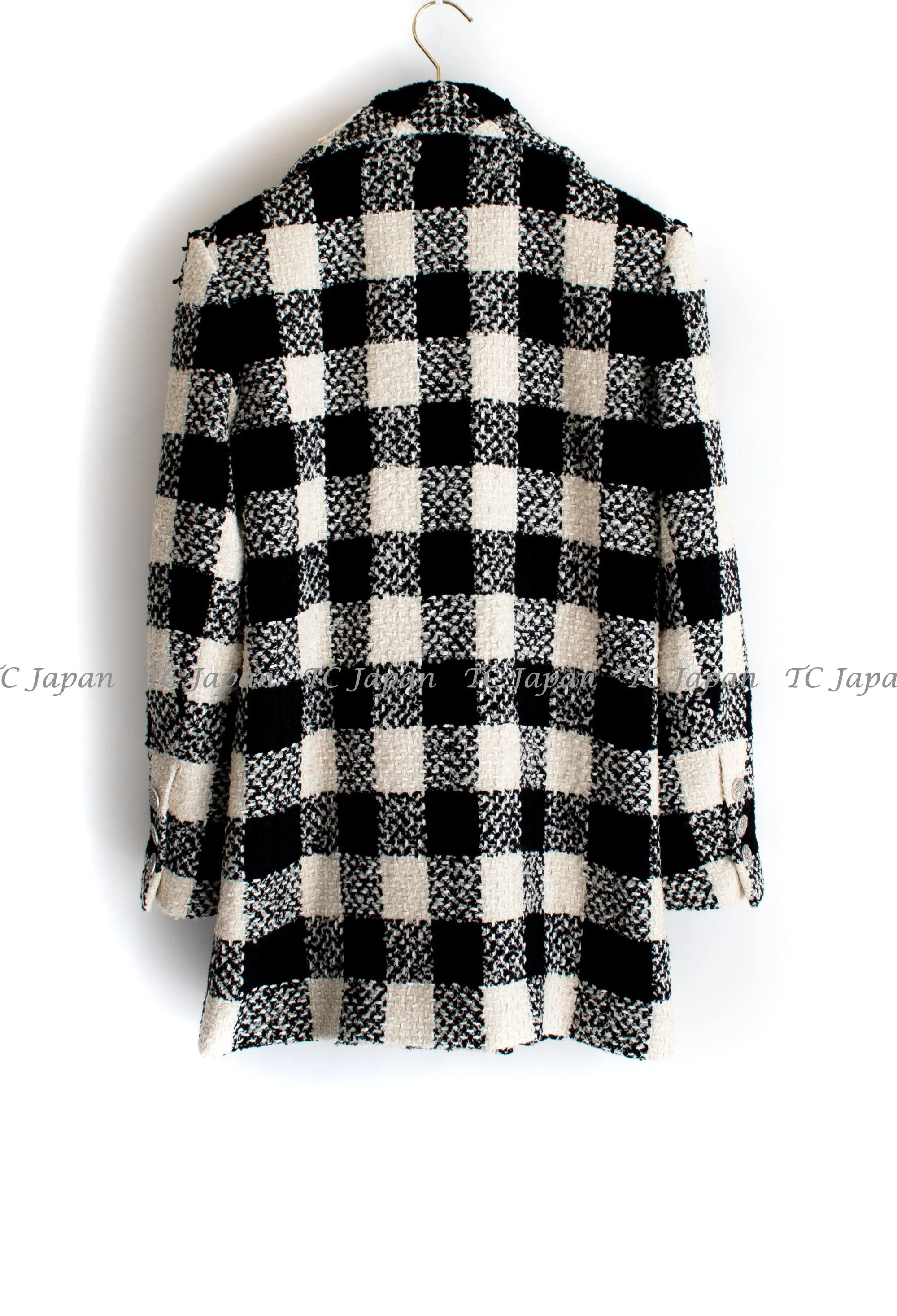 CHANEL 16PF Ivory Black Wool Silk Double Tweed Coat 34 36 38 40 シャネル アイボリー ブラック ウール シルク チェック ツイード コート メンズも！即発