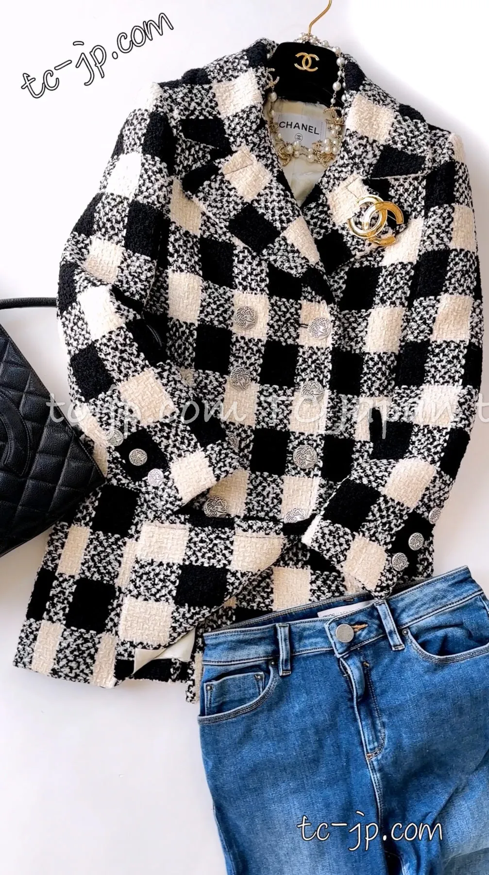 CHANEL 16PF Ivory Black Wool Silk Double Tweed Coat 34 36 38 40 シャネル アイボリー ブラック ウール シルク チェック ツイード コート メンズも！即発