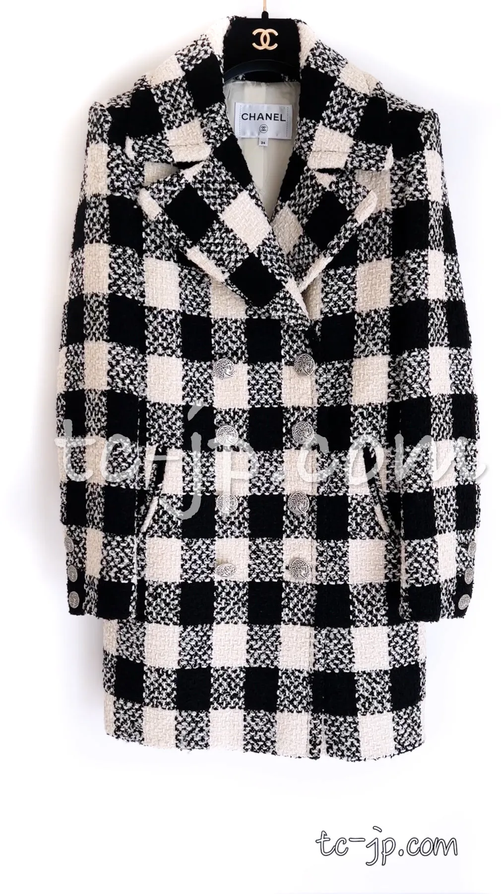 CHANEL 16PF Ivory Black Wool Silk Double Tweed Coat 34 36 38 40 シャネル アイボリー ブラック ウール シルク チェック ツイード コート メンズも！即発