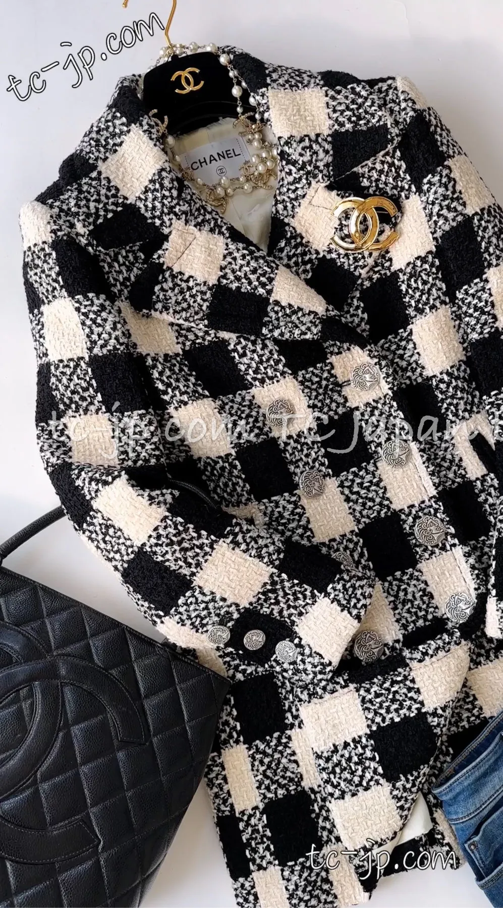 CHANEL 16PF Ivory Black Wool Silk Double Tweed Coat 34 36 38 40 シャネル アイボリー ブラック ウール シルク チェック ツイード コート メンズも！即発