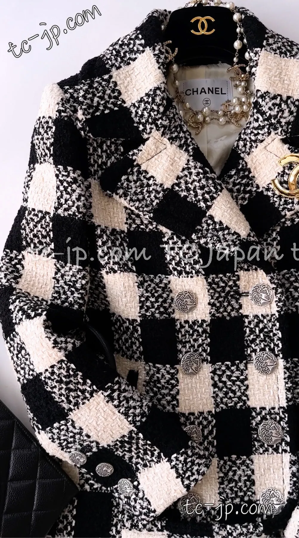 CHANEL 16PF Ivory Black Wool Silk Double Tweed Coat 34 36 38 40 シャネル アイボリー ブラック ウール シルク チェック ツイード コート メンズも！即発