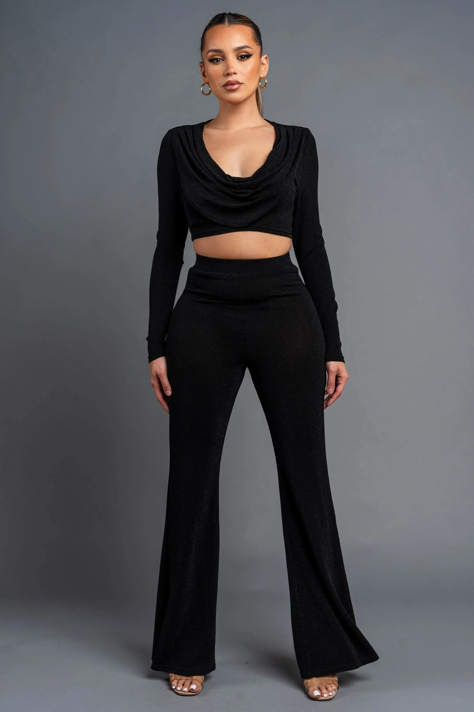 CHIC METALLIC LUREX COWL NECK CROP TOP & PANTS SET