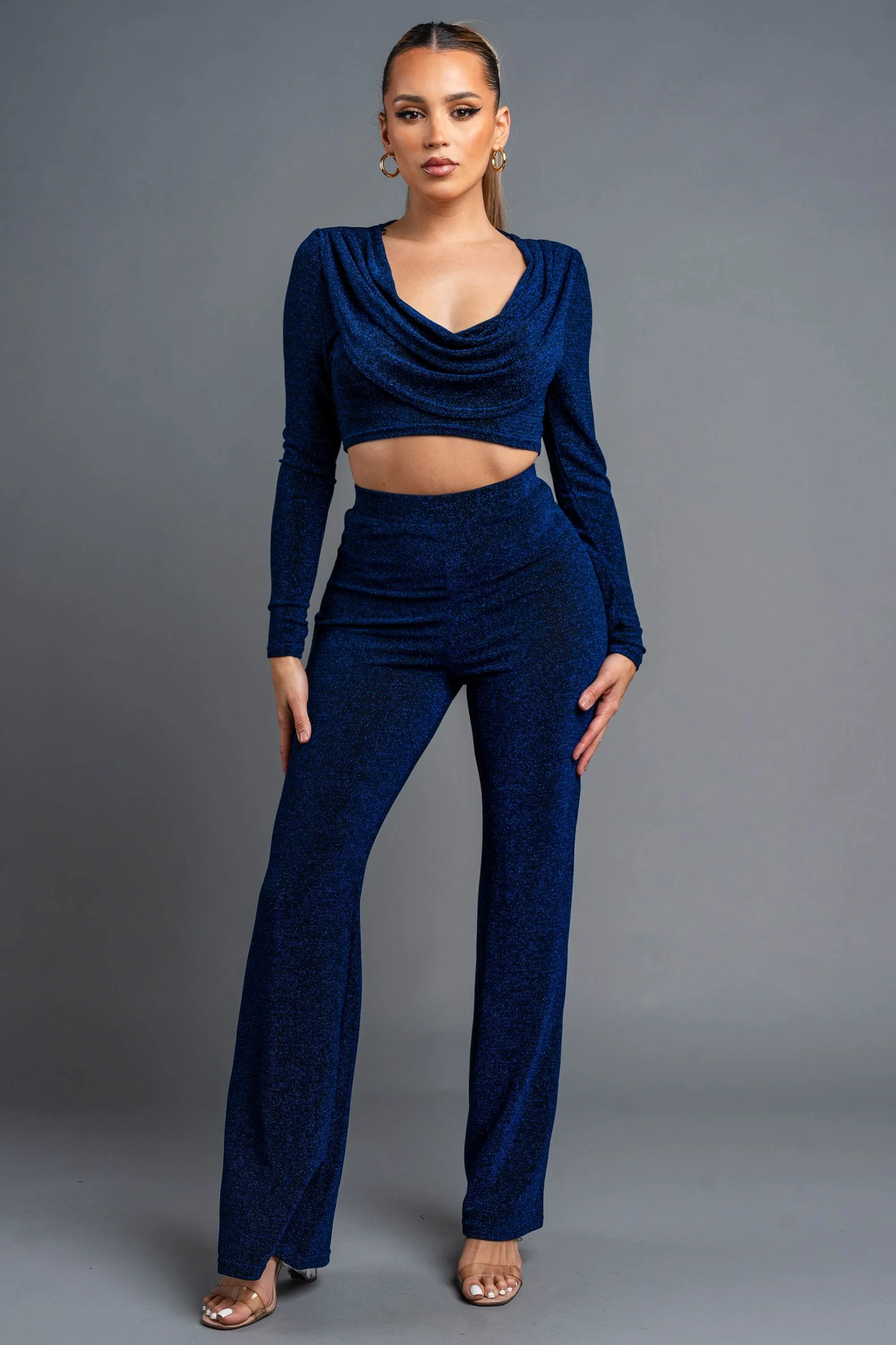 CHIC METALLIC LUREX COWL NECK CROP TOP & PANTS SET