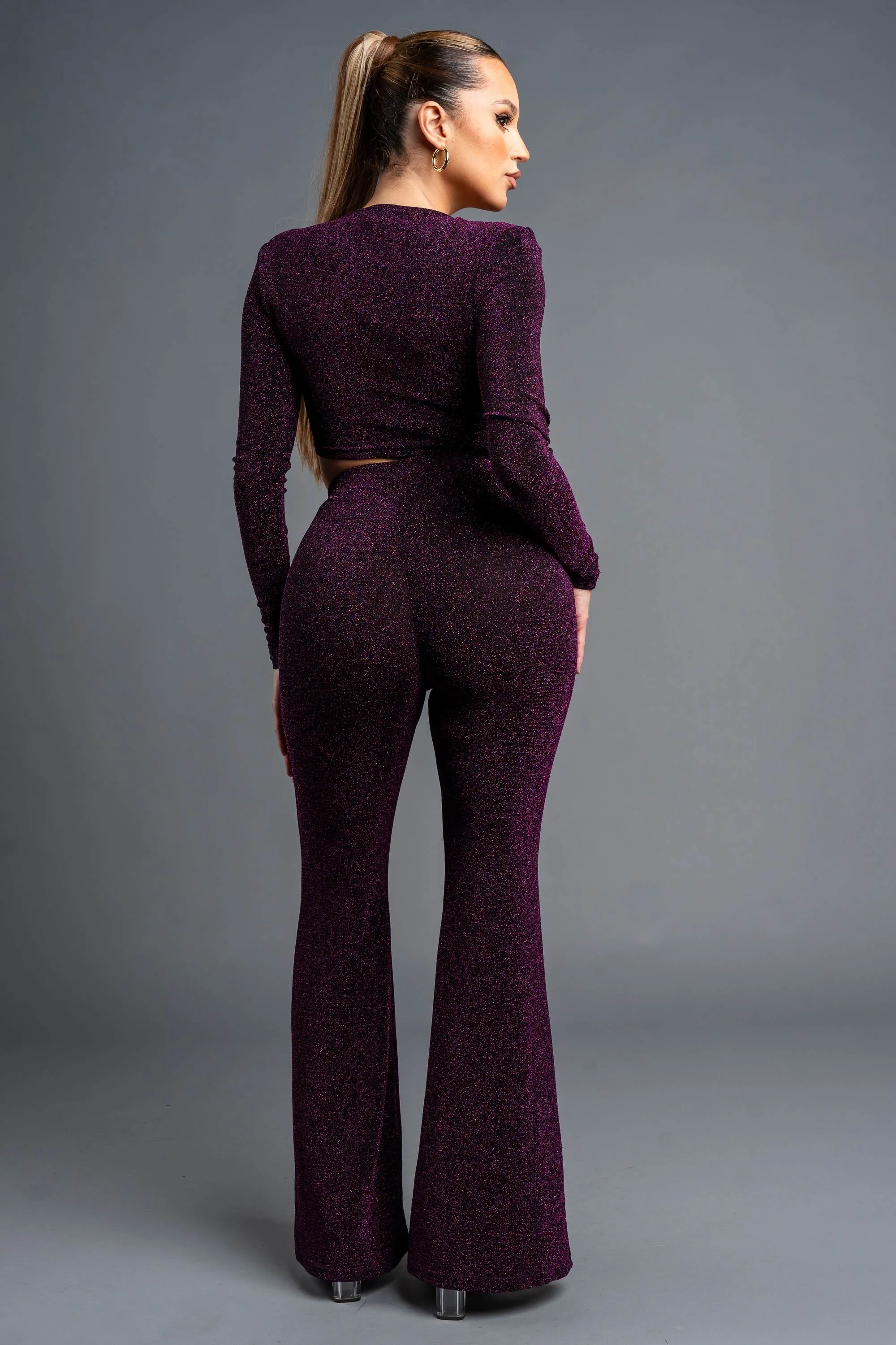 CHIC METALLIC LUREX COWL NECK CROP TOP & PANTS SET
