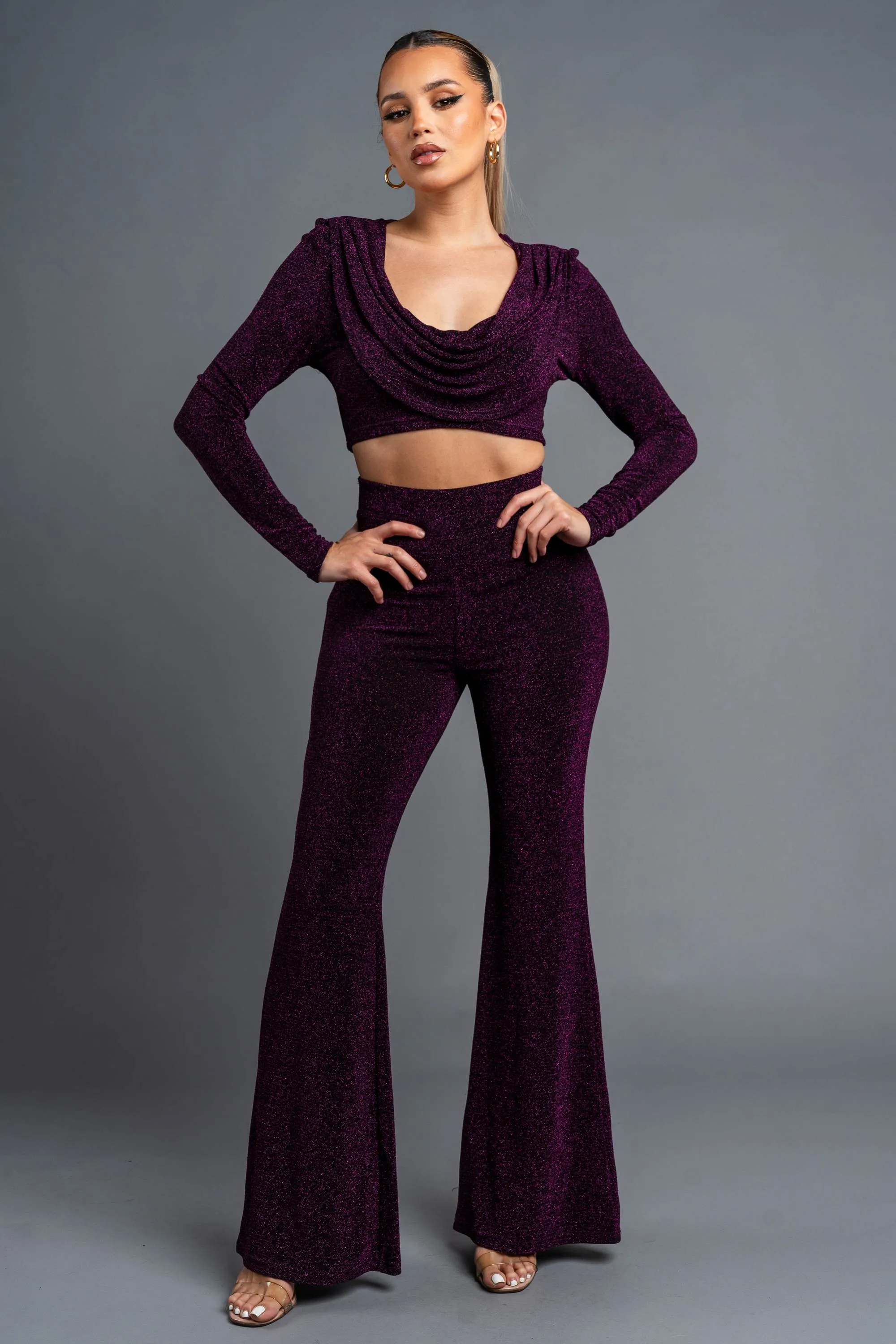 CHIC METALLIC LUREX COWL NECK CROP TOP & PANTS SET