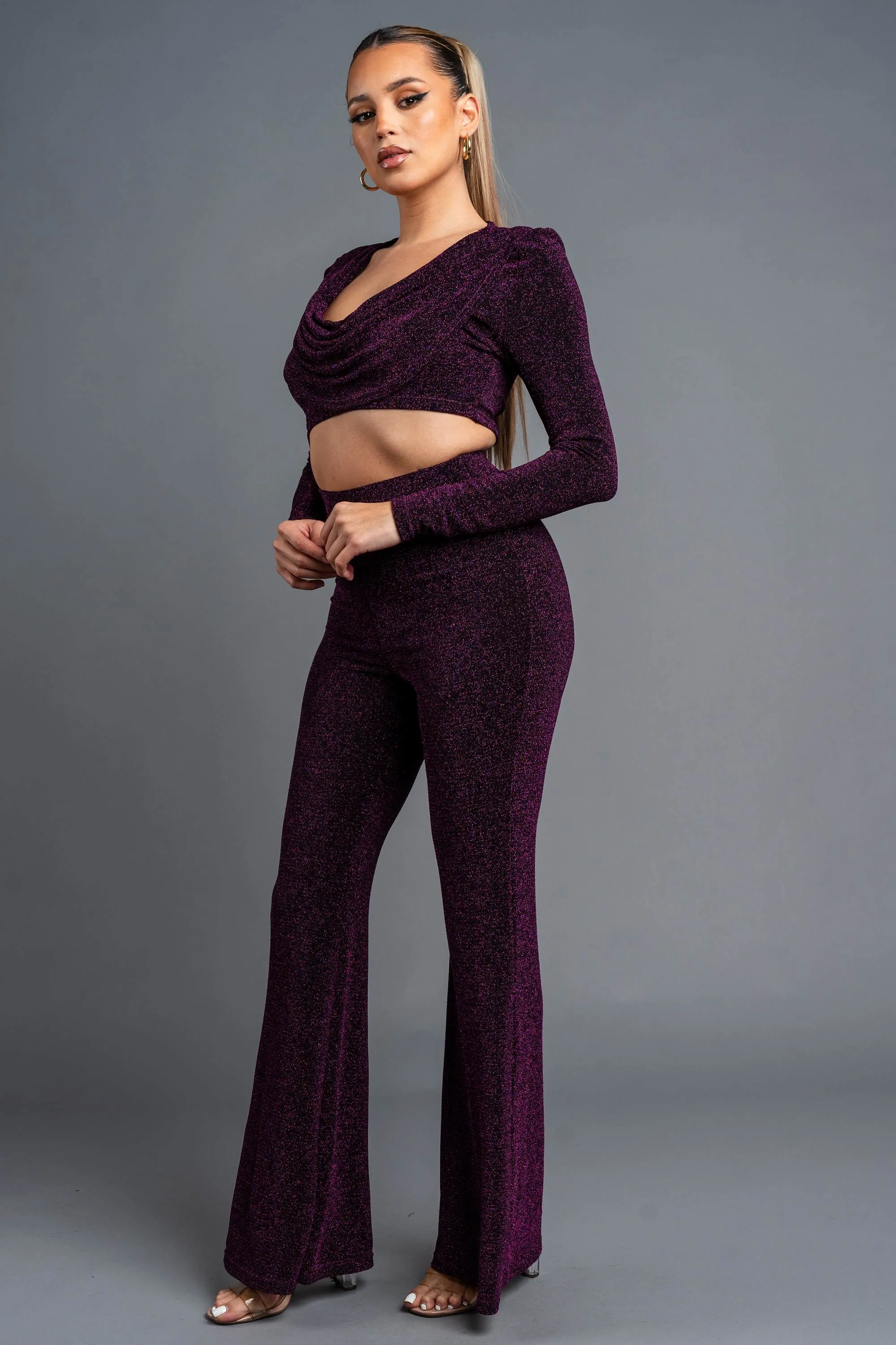 CHIC METALLIC LUREX COWL NECK CROP TOP & PANTS SET