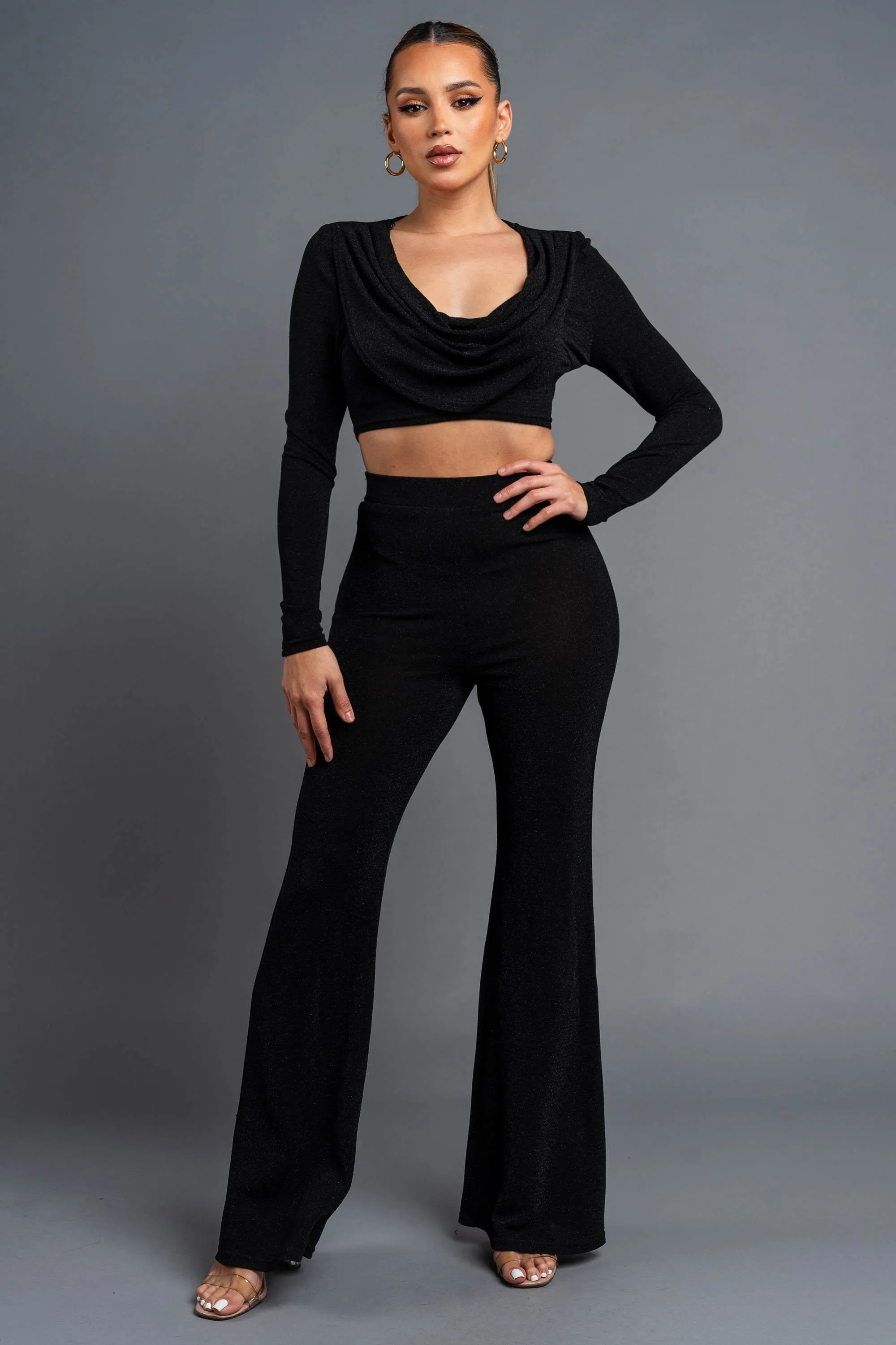 CHIC METALLIC LUREX COWL NECK CROP TOP & PANTS SET