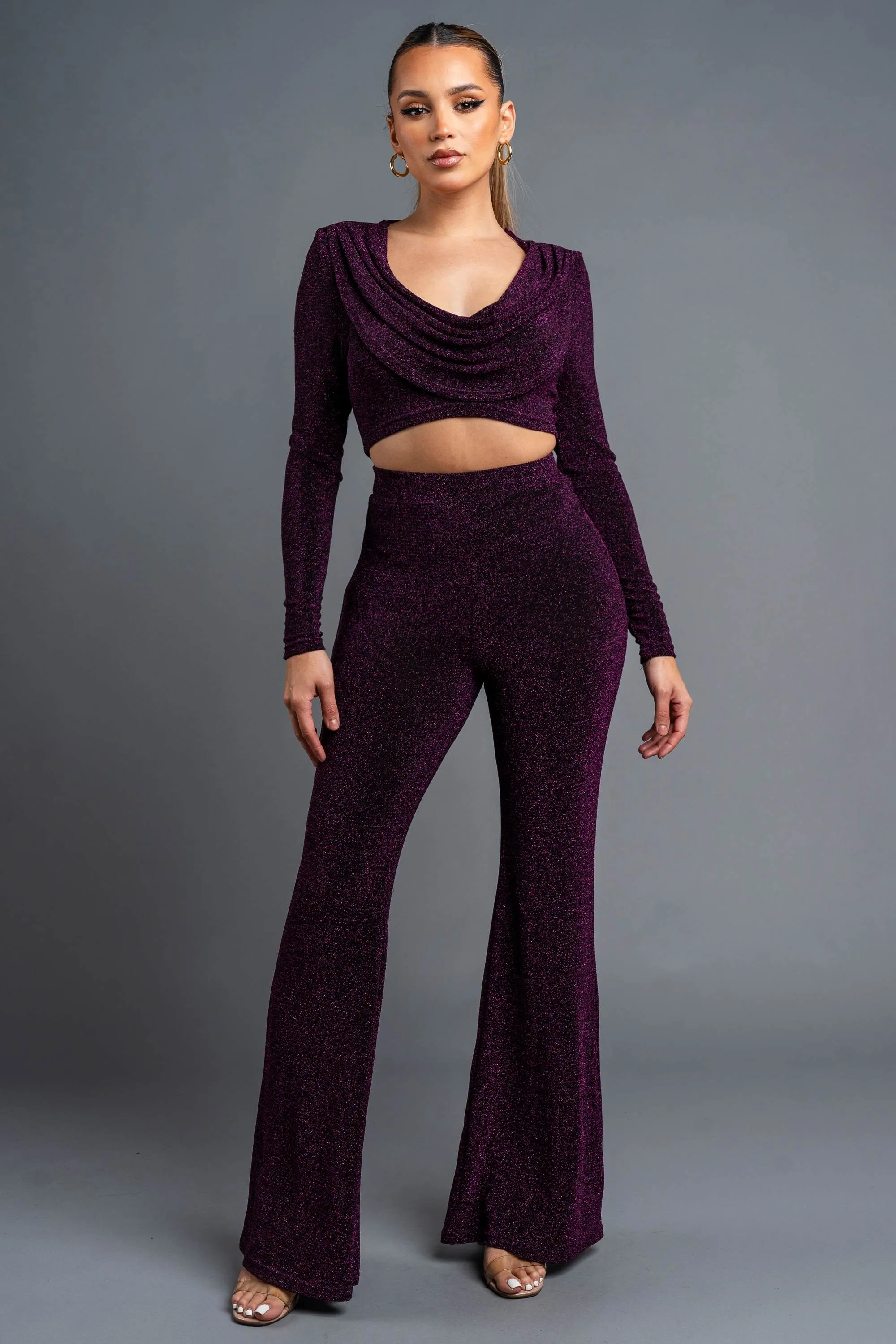 CHIC METALLIC LUREX COWL NECK CROP TOP & PANTS SET