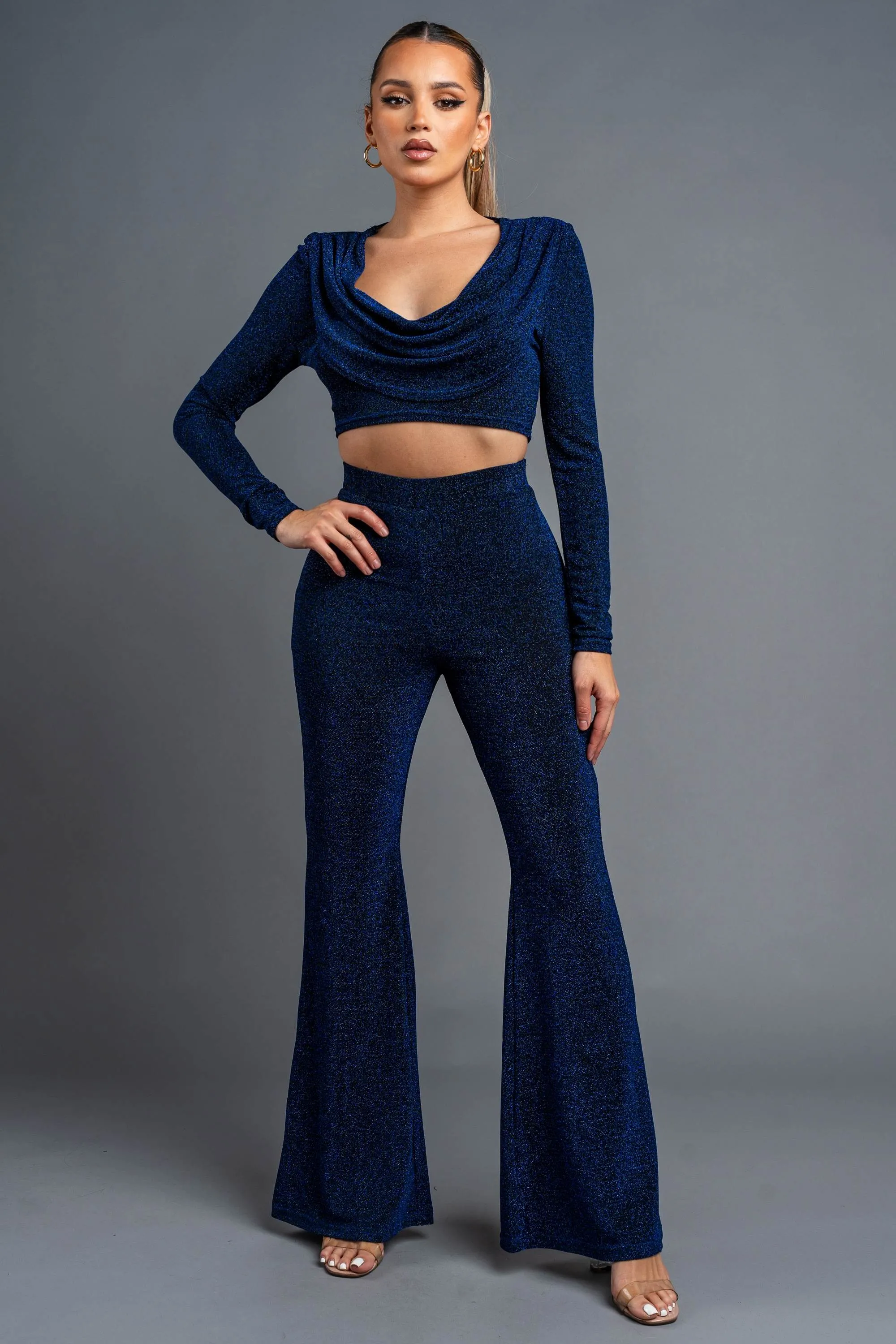 CHIC METALLIC LUREX COWL NECK CROP TOP & PANTS SET