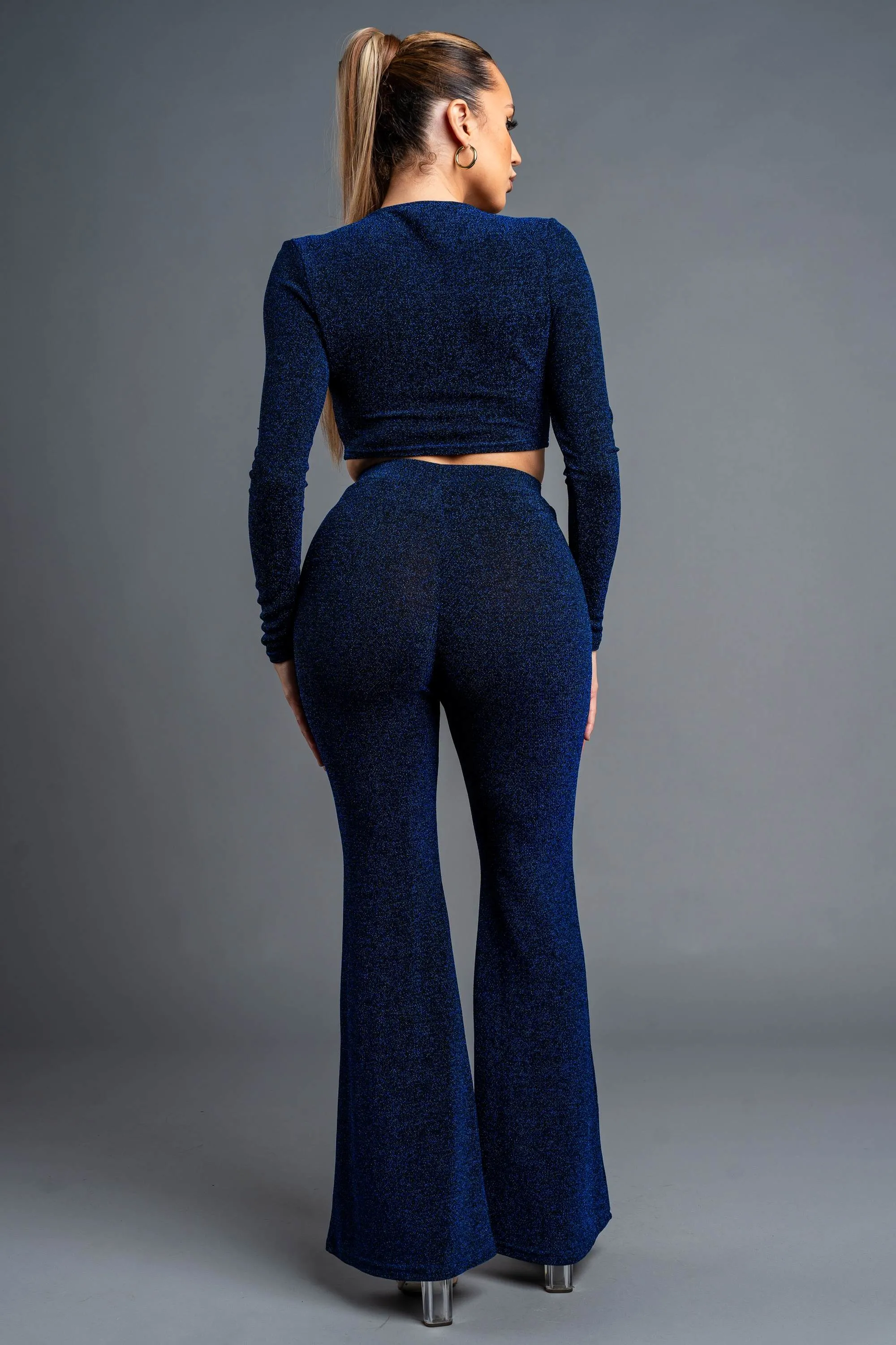 CHIC METALLIC LUREX COWL NECK CROP TOP & PANTS SET