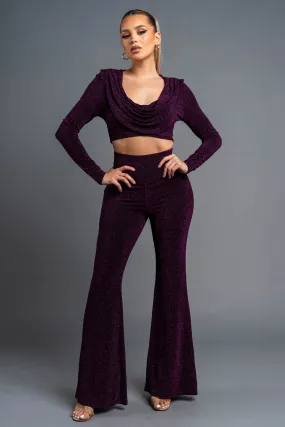 CHIC METALLIC LUREX COWL NECK CROP TOP & PANTS SET