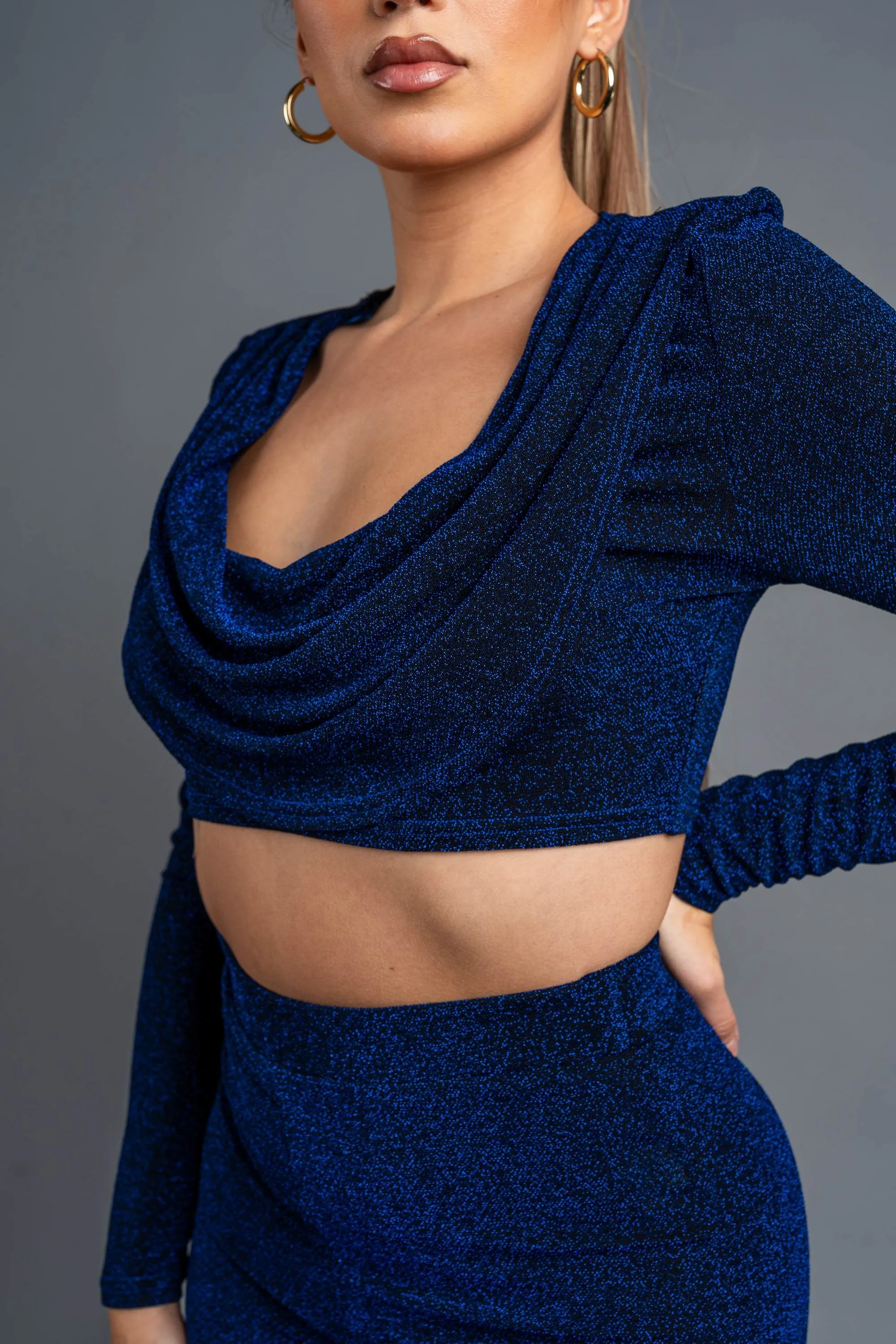 CHIC METALLIC LUREX COWL NECK CROP TOP & PANTS SET