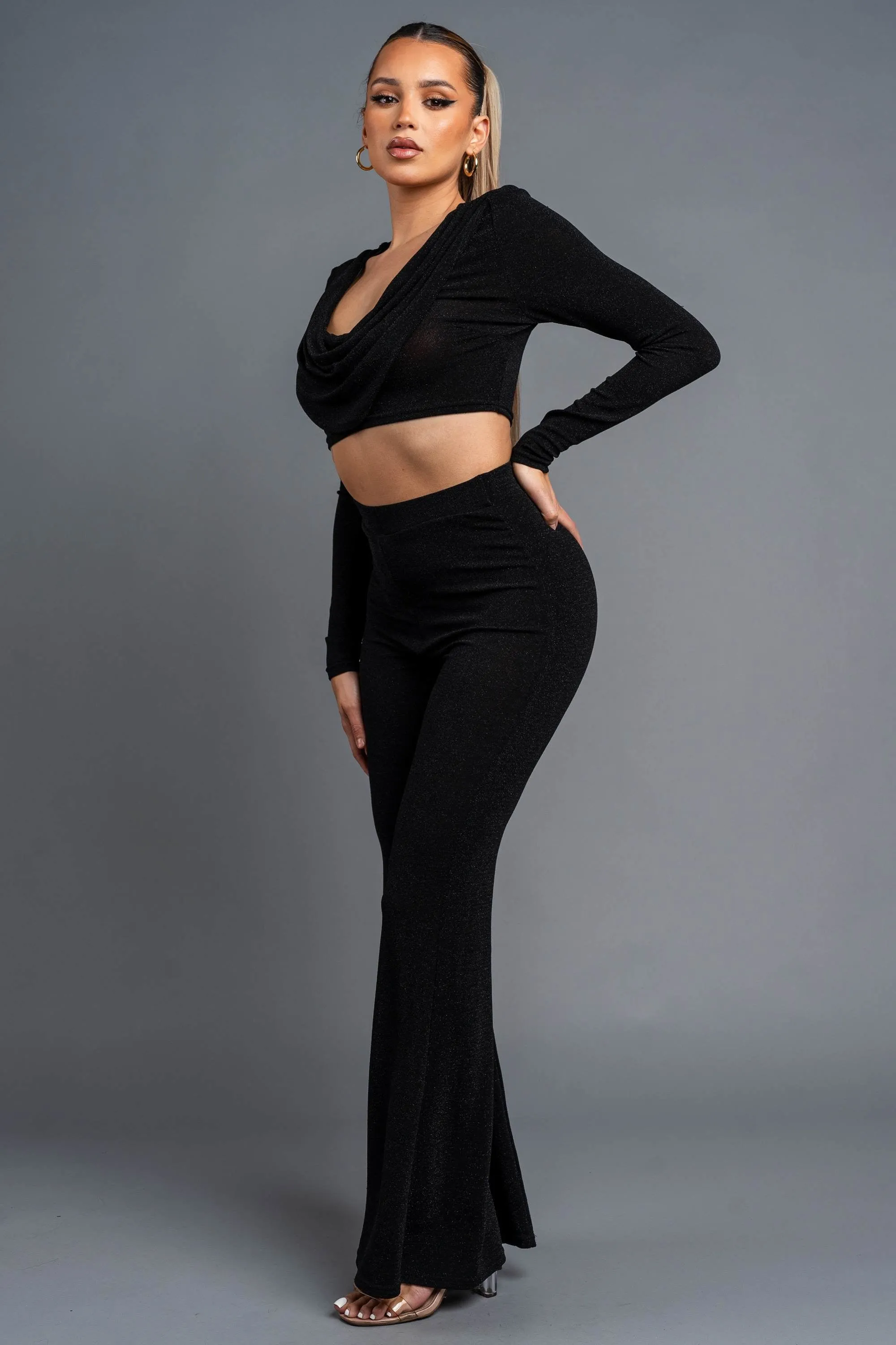 CHIC METALLIC LUREX COWL NECK CROP TOP & PANTS SET
