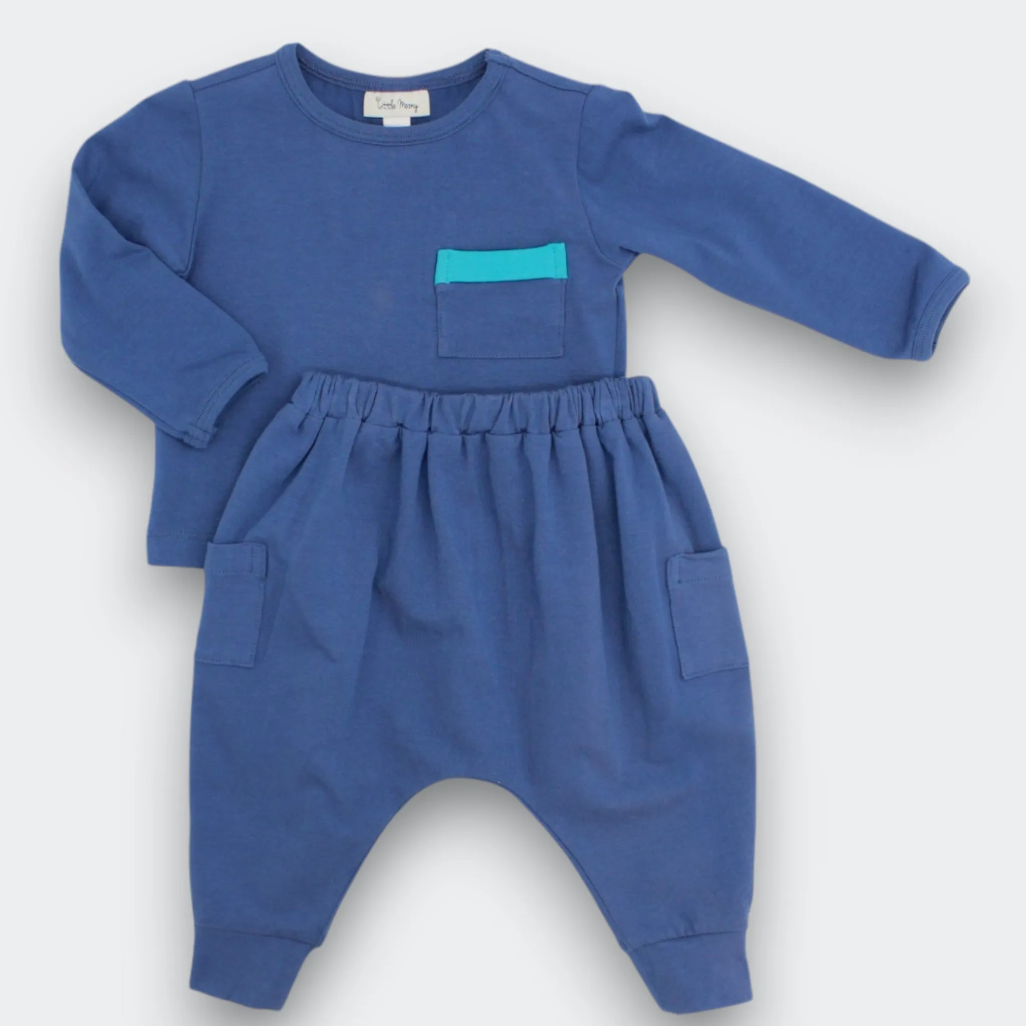 Cozy Night Sea Blue Cotton Knit Jogger Pants for Babies and Kids