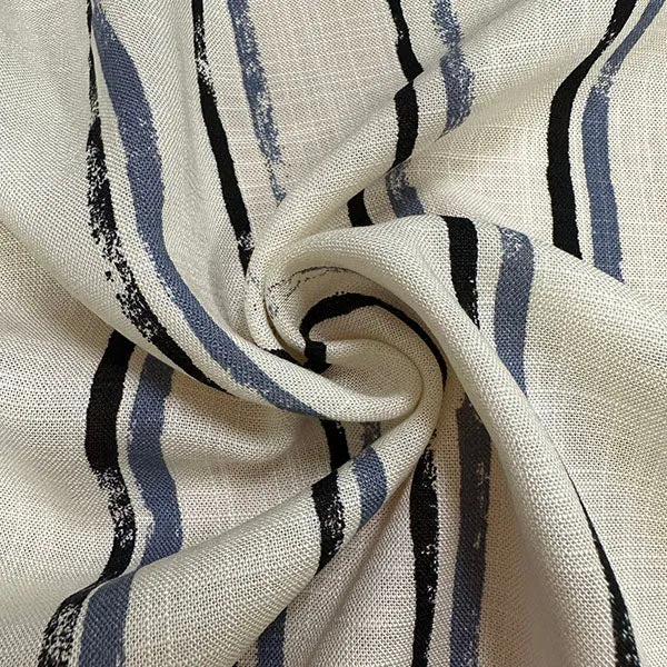 Cream and Blue Stripe Print Rayon Linen Blend Shirting Fabric