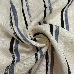 Cream and Blue Stripe Print Rayon Linen Blend Shirting Fabric