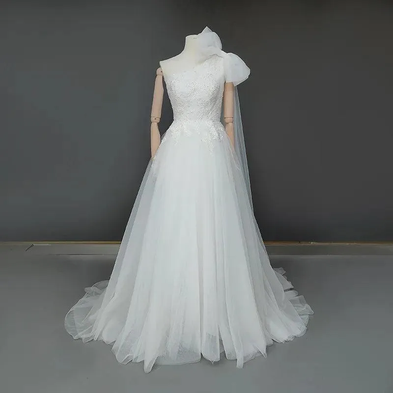 Custom One-Shoulder Ruched Tulle Beach Boho Wedding Dress with Beading & Floral Applique©