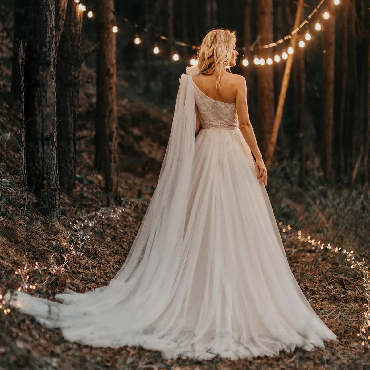 Custom One-Shoulder Ruched Tulle Beach Boho Wedding Dress with Beading & Floral Applique©