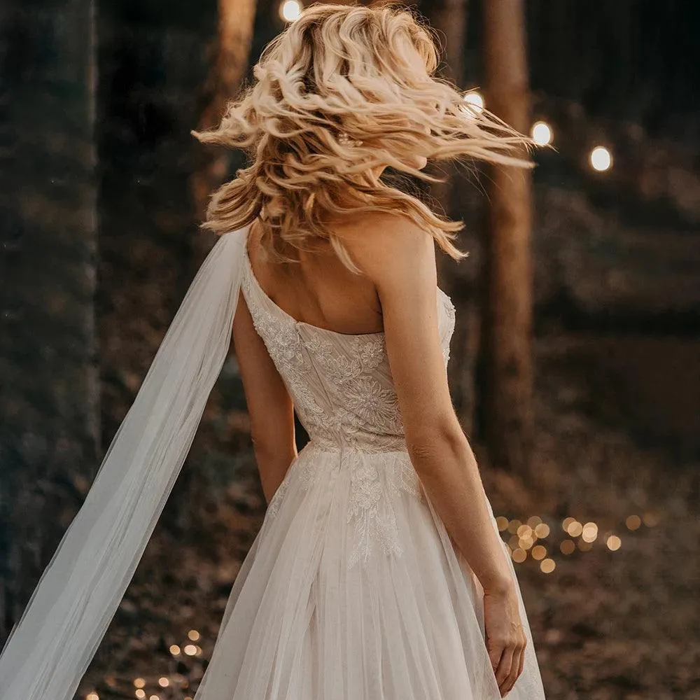 Custom One-Shoulder Ruched Tulle Beach Boho Wedding Dress with Beading & Floral Applique©