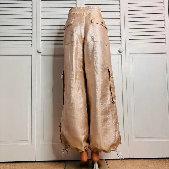 CYNTHIA ROWLEY Metallic Twill Rose Gold Cargo Pants Size Medium
