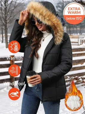 Damen Steppparka mit Taschen, abnehmbarer Pelzkapuze und warmem Fleecefutter