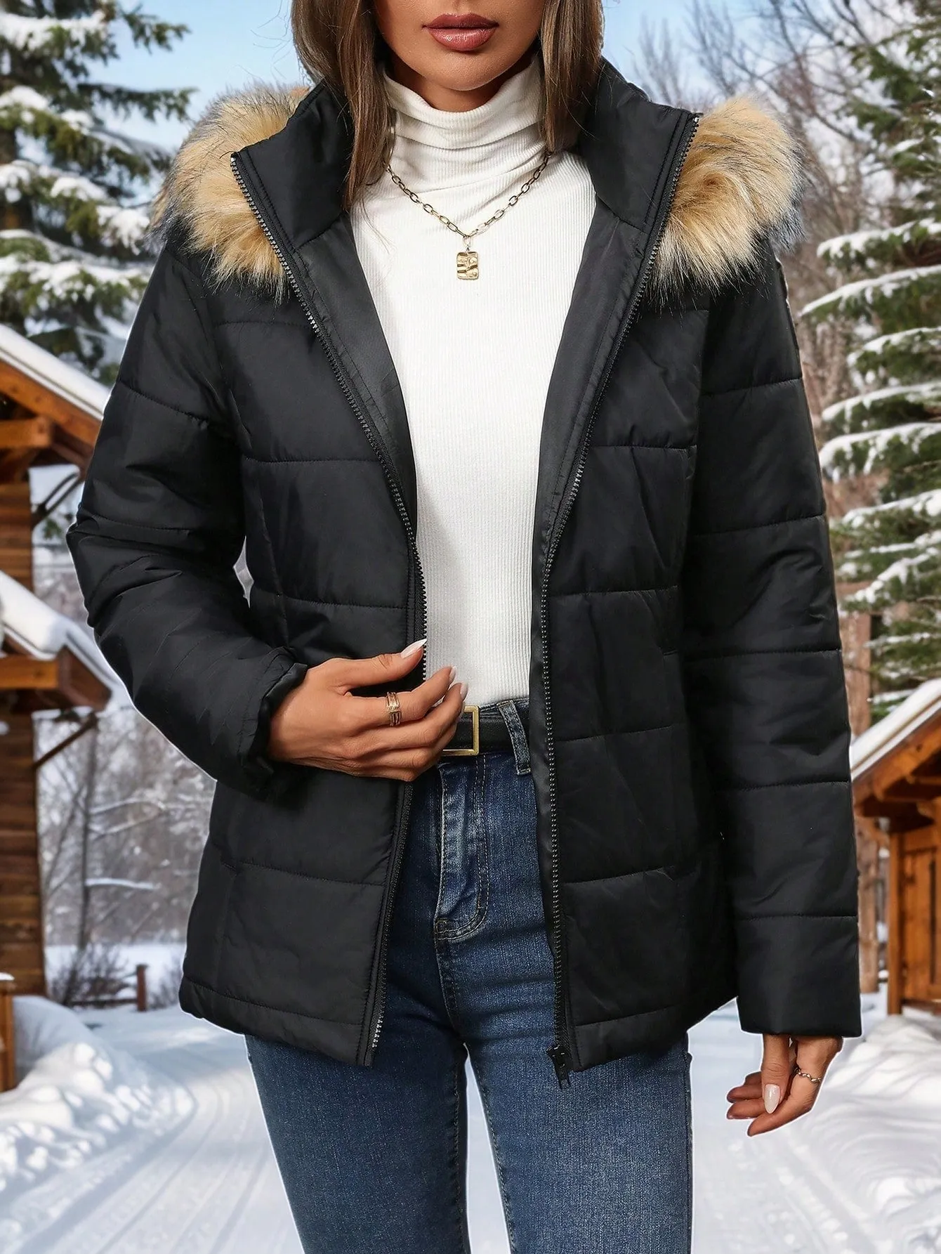 Damen Steppparka mit Taschen, abnehmbarer Pelzkapuze und warmem Fleecefutter
