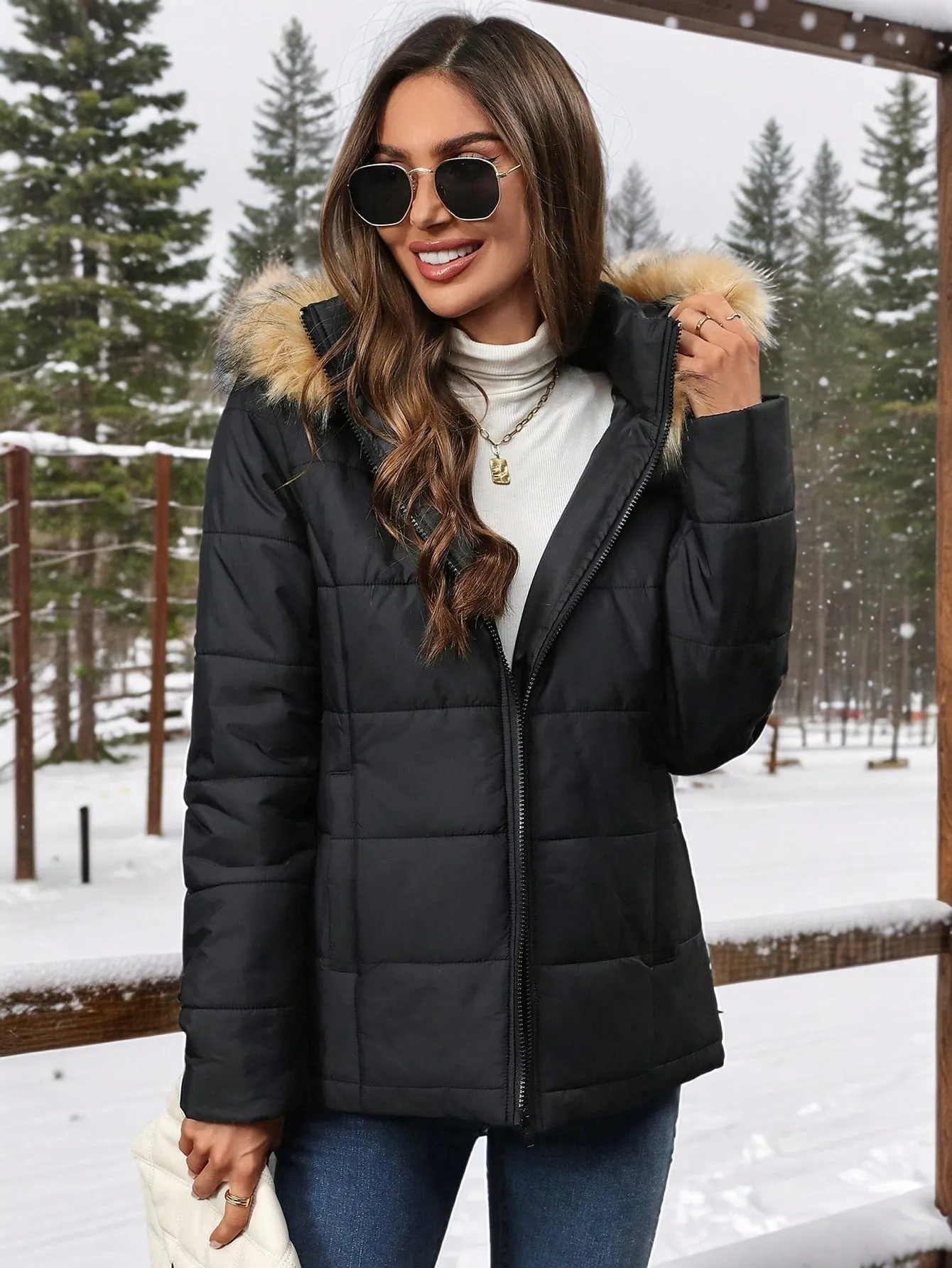 Damen Steppparka mit Taschen, abnehmbarer Pelzkapuze und warmem Fleecefutter