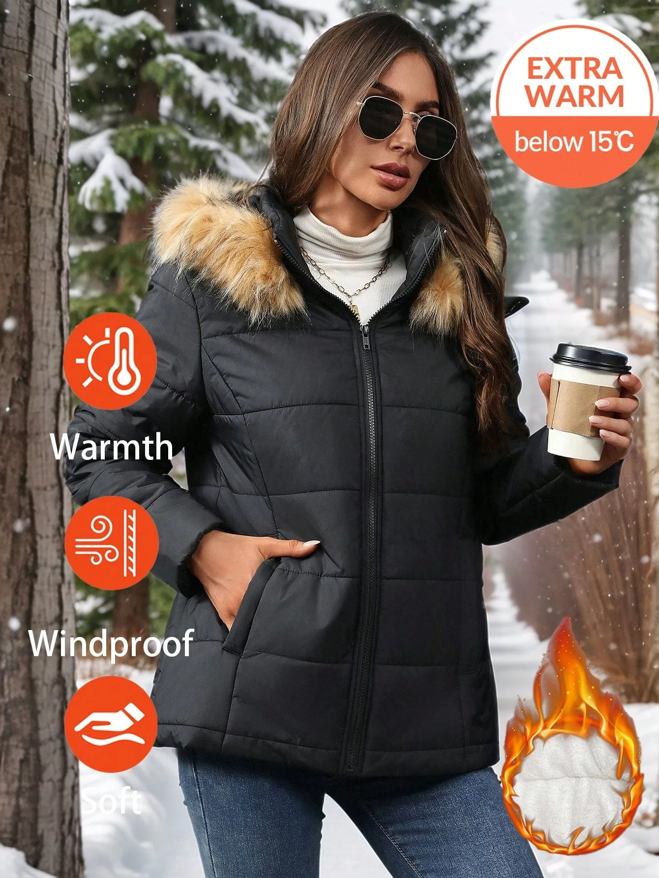 Damen Steppparka mit Taschen, abnehmbarer Pelzkapuze und warmem Fleecefutter