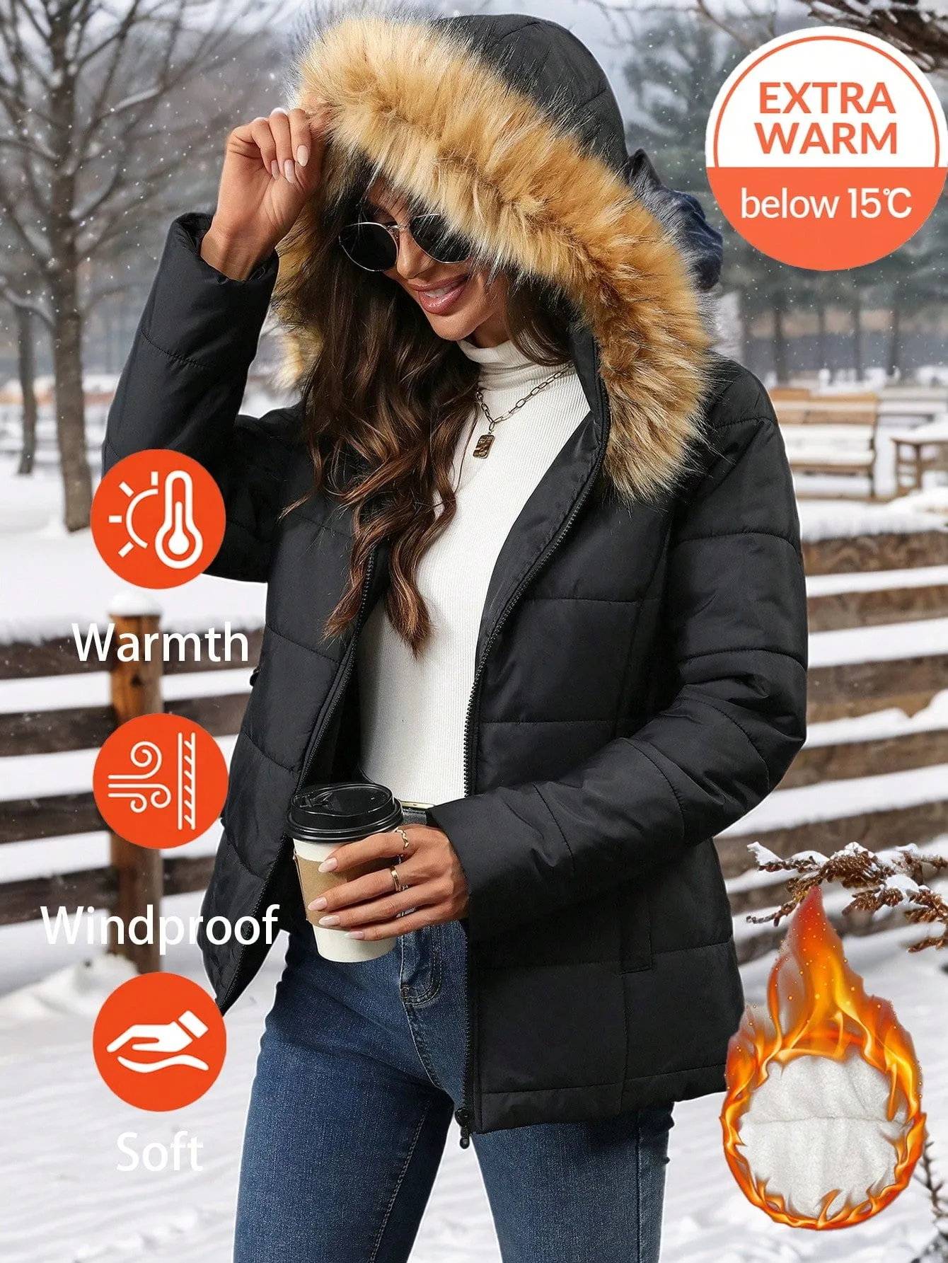 Damen Steppparka mit Taschen, abnehmbarer Pelzkapuze und warmem Fleecefutter