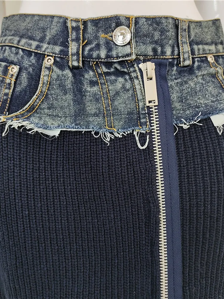 DEAT Fashion Women's Cotton Skirt Waist Denim Spliced Zipper Split Blue Wool Knit Mid-calf Skirts Autumn 2023 New Tide 29L2926
