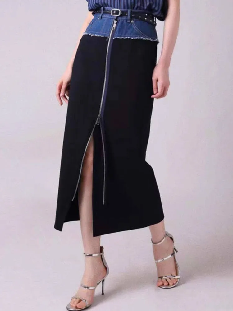 DEAT Fashion Women's Cotton Skirt Waist Denim Spliced Zipper Split Blue Wool Knit Mid-calf Skirts Autumn 2023 New Tide 29L2926
