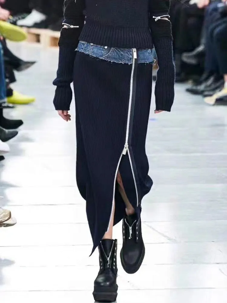 DEAT Fashion Women's Cotton Skirt Waist Denim Spliced Zipper Split Blue Wool Knit Mid-calf Skirts Autumn 2023 New Tide 29L2926