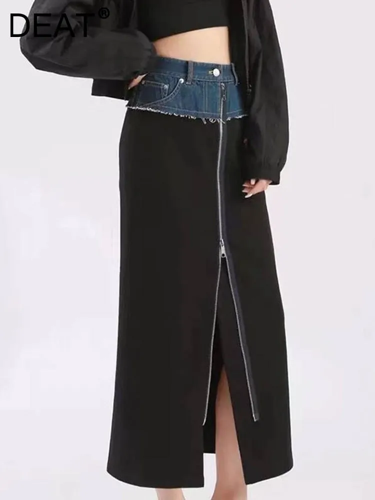DEAT Fashion Women's Cotton Skirt Waist Denim Spliced Zipper Split Blue Wool Knit Mid-calf Skirts Autumn 2023 New Tide 29L2926