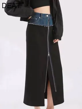 DEAT Fashion Women's Cotton Skirt Waist Denim Spliced Zipper Split Blue Wool Knit Mid-calf Skirts Autumn 2023 New Tide 29L2926