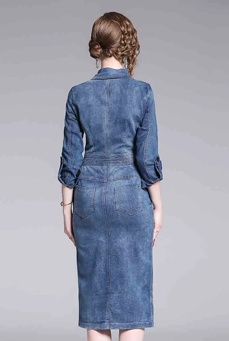 Denim Single-breasted Bodycon Midi Dress