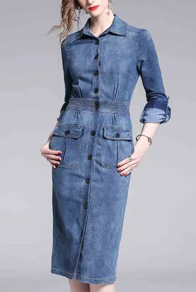 Denim Single-breasted Bodycon Midi Dress