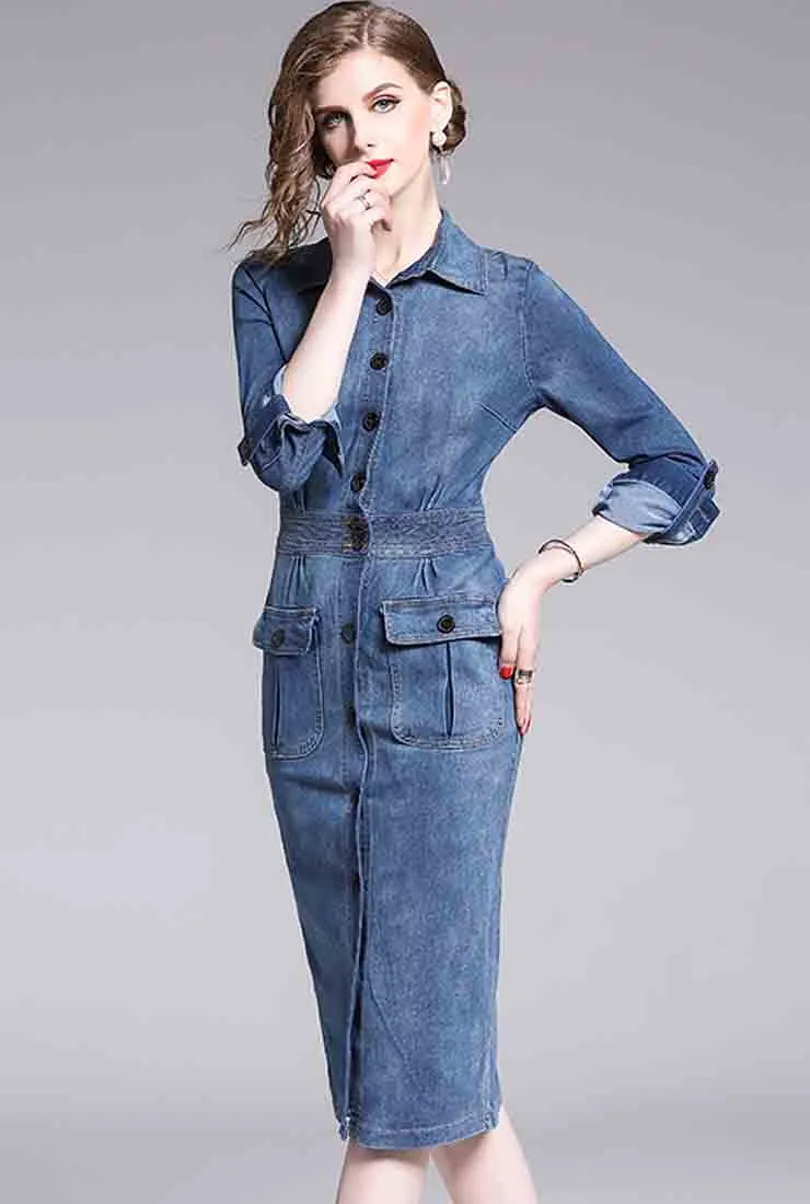 Denim Single-breasted Bodycon Midi Dress